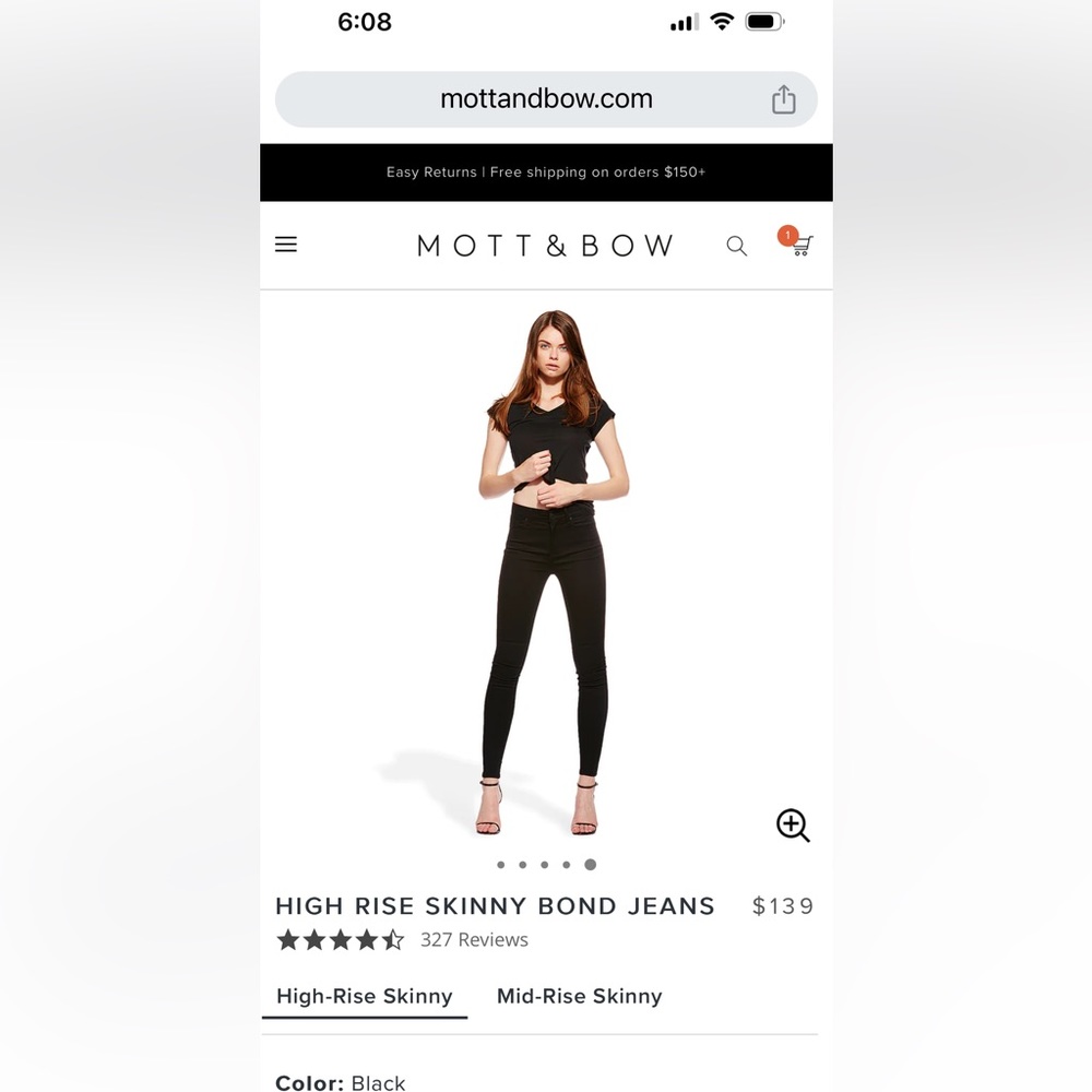 MOTT & BOW high-rise skinny Bond black jeans 30x28.